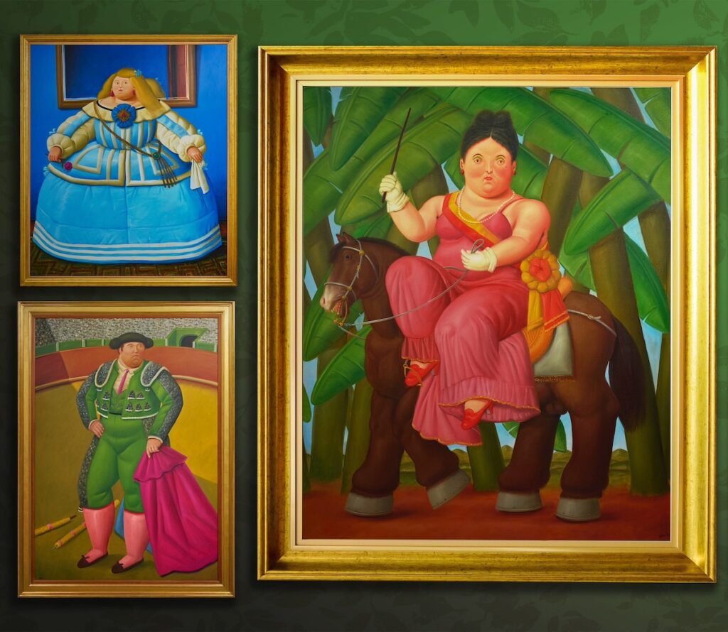 Three gold framed oil paintings displaying voluminous figures including an equestrian woman and a matador featured on Couture Troopers and written by Jessica Ye Jessica Yap
