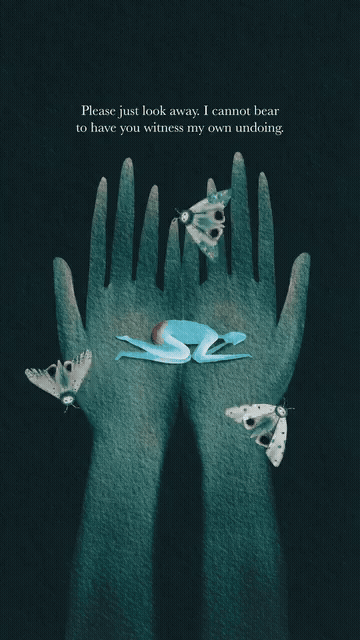 A surrealist video painting titled "Look Away" by Hafiiz Karim, featuring a small blue figure standing in a vast, ethereal landscape. The animation depicts a shifting, dream-like environment with soft, atmospheric lighting and surreal elements that evoke a sense of introspection and emotional isolation, captured for an interview feature on Couture Troopers in an interview conducted by Jessica Ye Jessica Yap