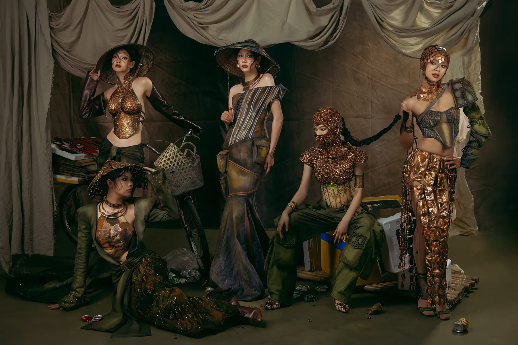 An exclusive fashion editorial portrait for Couture Troopers featuring sustainable designs by Celianne Nhat Lam, crafted from upcycled scrap materials. This avant-garde couture piece is discussed in an exclusive interview with Jessica Ye (Jessica Yap), exploring the intersection of environmental consciousness and high-fashion engineering.