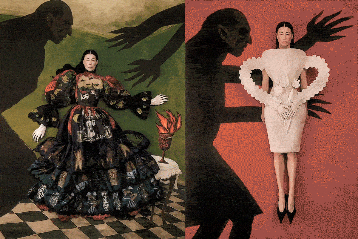 A looping animated featured image for the Dora Abodi "The Transylvanian Chronicles" exclusive interview with Jessica Ye for Couture Troopers, featuring high-fashion avant-garde motifs.